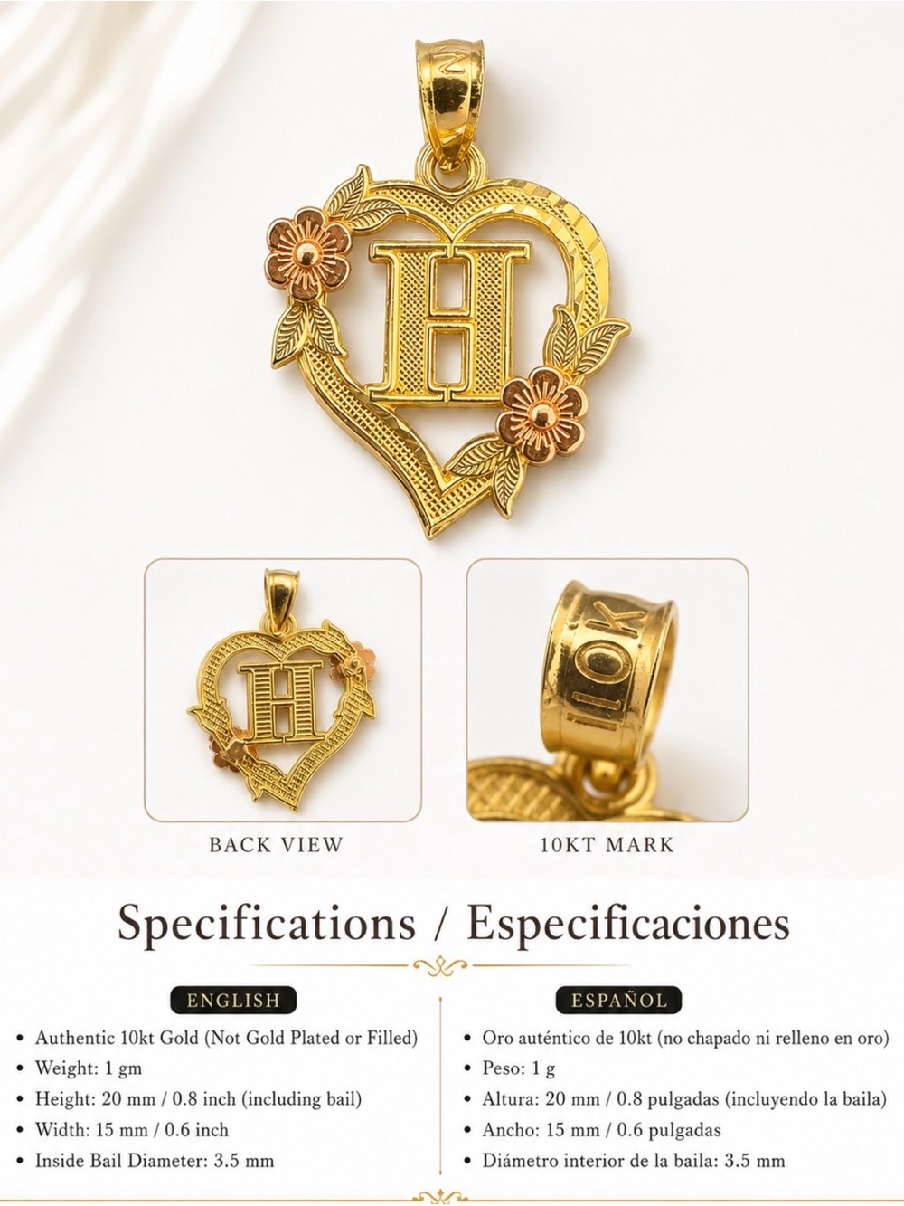 10KT Gold Heart Initial H Pendant with Floral Accents